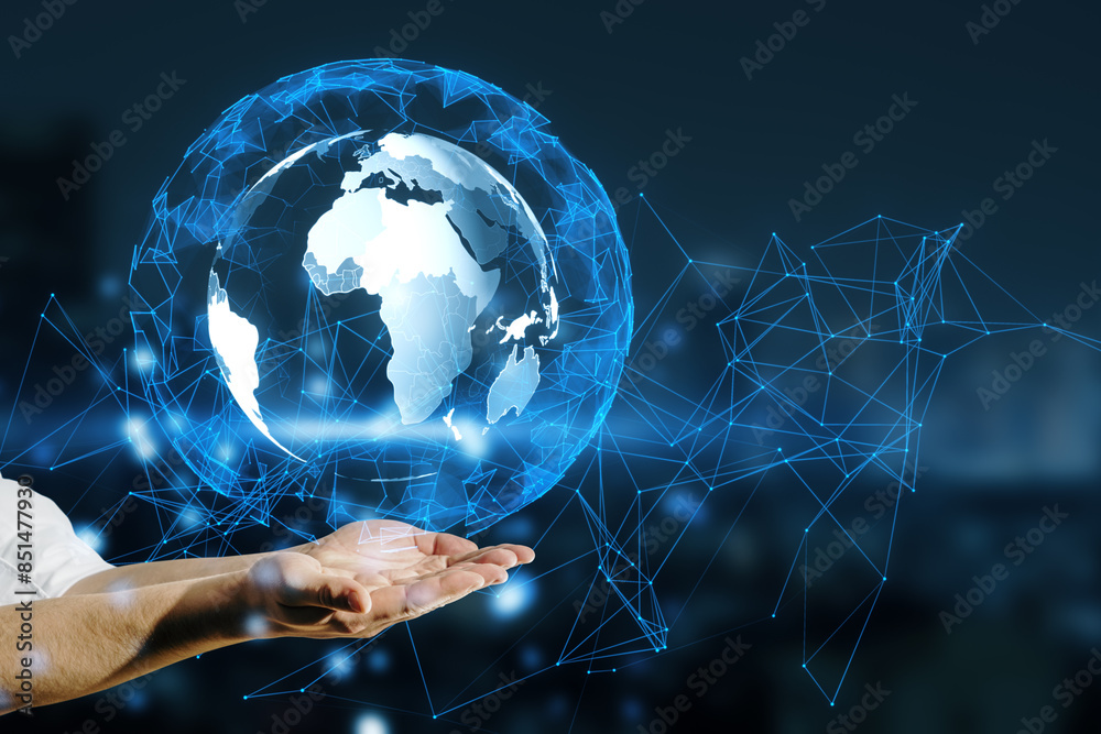 Poster a person's hands presenting a digital globe with a network pattern, on a dark background, concept of