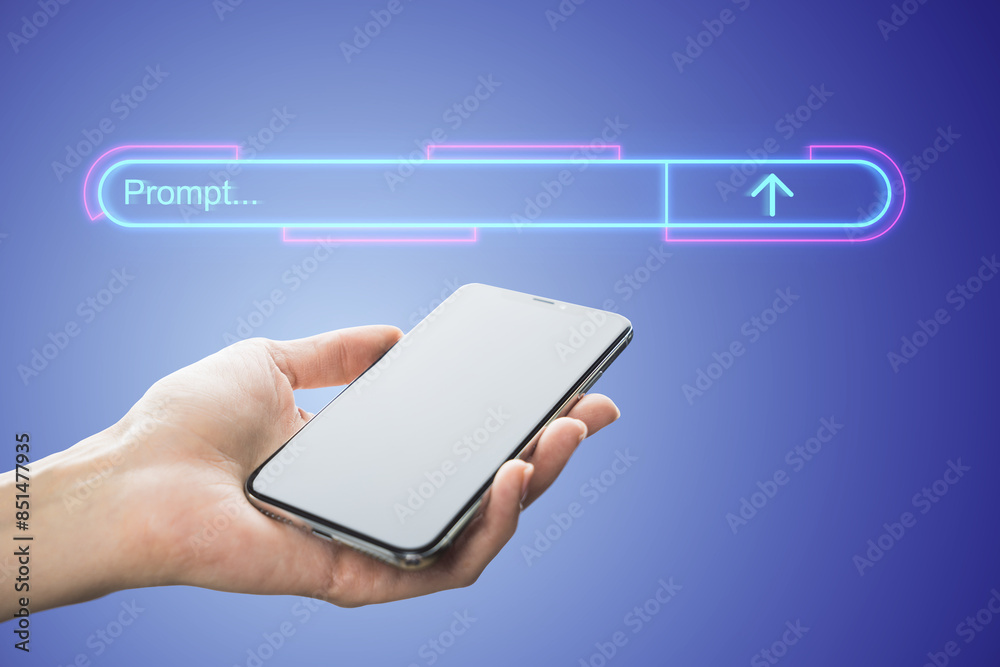 Poster hand holding smartphone with neon futuristic progress loading bar on blue background, concept of tec
