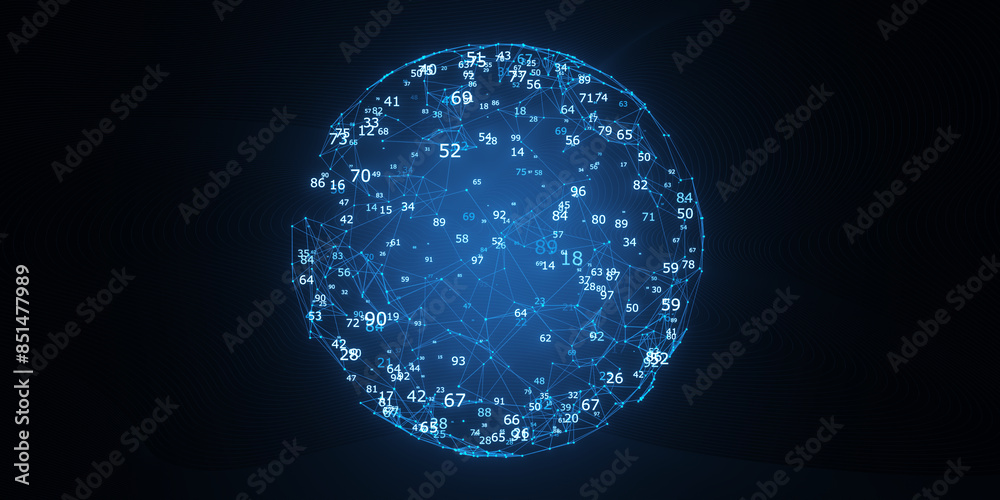 Poster Abstract digital globe with numerical data on a dark blue background, representing global network technology concept. 3D Rendering