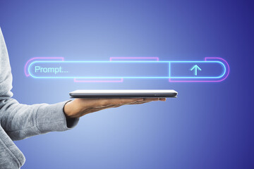 A hand holding a tablet with a glowing neon progress bar concept floating above it against a blue background