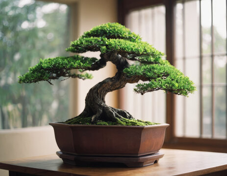 Un bonsai con aghi verdi brillanti e una forma scolpita con precisione.
