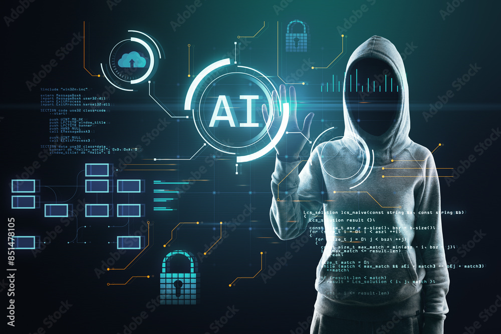 Poster a person in a hoodie interacting with futuristic artificial intelligence interface, against a dark d