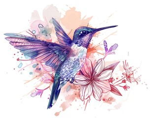 Obraz premium Watercolor Painting of Hovering Hummingbird with Flowers