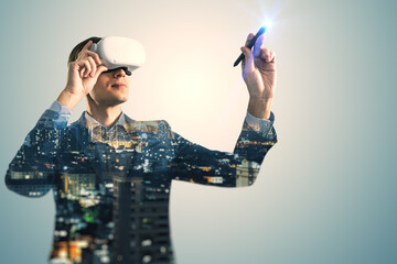 A man using virtual reality headset with an overlay of cityscape, against a light background, depicting technology concept