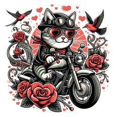 A cat design drawing graphic wearing sunglasses and a motorcycle eyecatching unique engaging accessible.