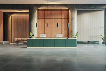 Modern office lobby with wooden reception desk on a concrete floor, stylish sofas, and plants, light background, concept of minimalist design. 3D Rendering