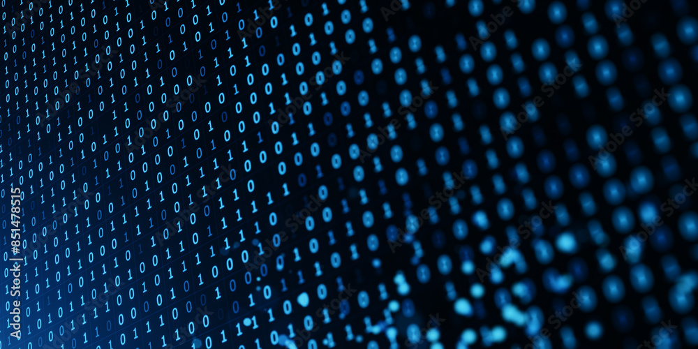 Poster Digital binary code on a dark blue background, concept of internet, data, and cybersecurity. 3D Rendering