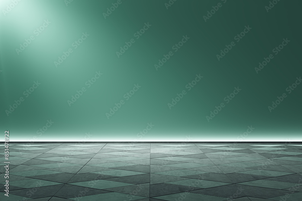 Poster An empty room with a modern geometric floor design and a teal wall, portraying a simple and clean background concept. 3D Rendering