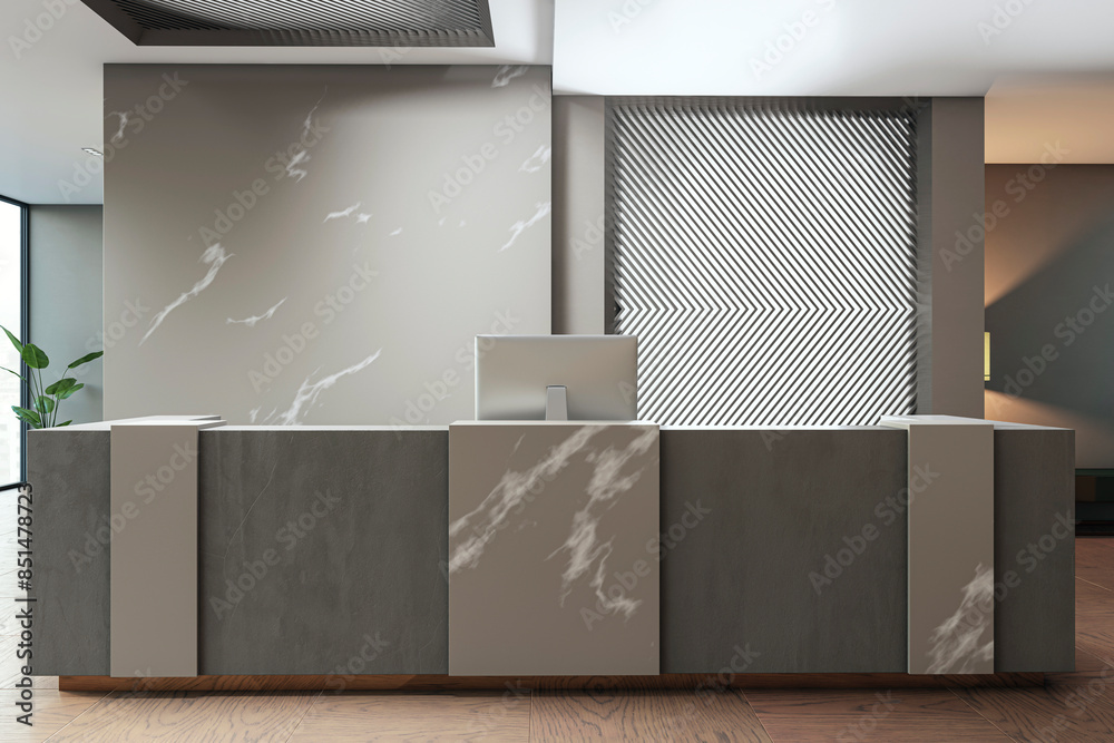 Poster modern reception desk in a contemporary interior setting with patterned wall panels and muted tones,