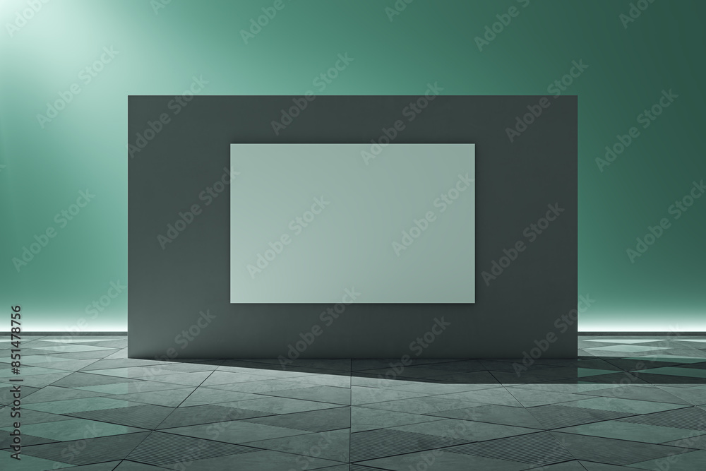 Poster blank white rectangular banner on a dark wall in a room with a geometric patterned floor, against a 