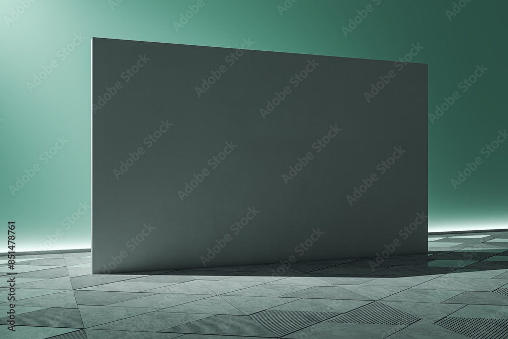 Poster An empty modern room with a large grey wall and patterned floor, in a cool greenish light background, illustrating a minimalist design concept. 3D Rendering