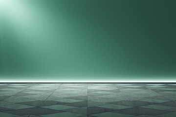 An empty room with a modern geometric floor design and a teal wall, portraying a simple and clean background concept. 3D Rendering