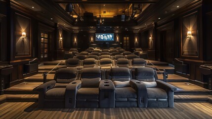 Fototapeta premium luxurious movie screening room with tiered seating, plush recliners, and vintage Hollywood decor for a private cinema experience