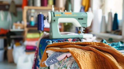 A sewing machine on a table with colorful fabrics, showcasing a creative workspace filled with textiles and sewing supplies.
