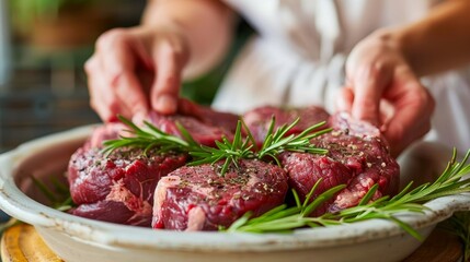 Close up of a woman storing raw meat in refrigerator with various fresh meat products