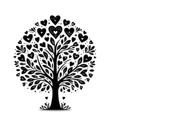 Naklejka premium Black love tree with heart leaves. hand draw Valentine tree silhouette clip art isolated on white background, vector illustration