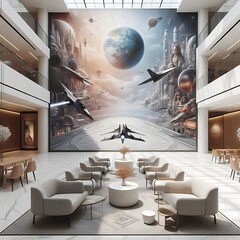 A commercial center space interior room with a large mural of planes and a large wall creative Vibrant.
