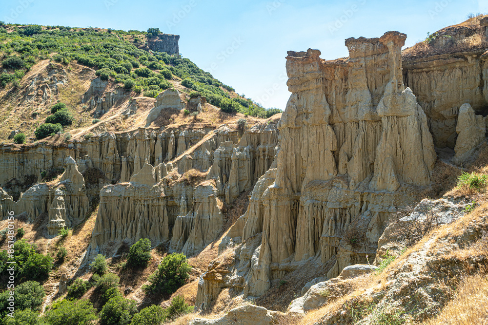 Poster Sceniv views of Kuladokya, which are natural formations were formed by the effects of rainwater, temperature changes, wind, and erosion in Kula, Manisa 