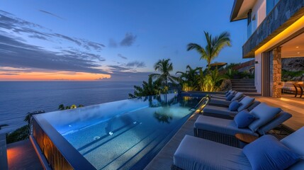 Fototapeta premium luxurious outdoor pool area with a zero-edge pool, underwater lighting, and comfortable poolside loungers for an ultimate relaxation zone