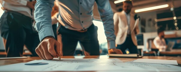 A project manager presenting a risk management plan to the team, strategic, neutral tones, photorealistic, highlighting foresight and planning