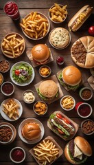 Fototapeta premium A tempting assortment of burgers with fresh toppings and golden fries, complemented by dips and beverages, set on a rustic table for a satisfying meal