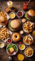 Fototapeta premium A mouthwatering display of burgers and fries, accompanied by an assortment of sauces and drinks, laid out on a wooden table, ideal for a casual dining experience