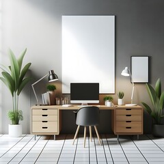 A desk with A chair and poster mockup with poster empty white in work working home style interior set design and a computer informative engaging unique.