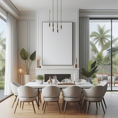 A dining room with empty white poster decoration combined with a table and chairs unique creative unique.