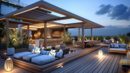 Fototapeta premium luxurious rooftop deck with modern pergolas, ambient lighting, and soft outdoor sofas for elegant evening gatherings