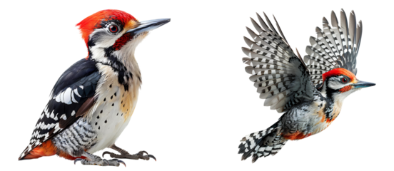 Woodpecker set PNG. Set of two woodpeckers different views isolated. Woodpecker PNG. Woodpecker caught in flight isolated. Red headed woodpecker PNG. Bird with feathers flying isolated