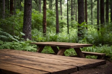 Fototapeta premium The rustic wooden table is set in the foreground, with blurred camping tents in the background nestled among a lush, green forest generated by ai