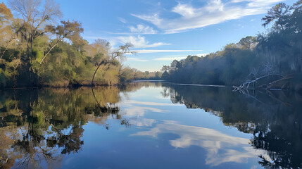 Fototapeta premium A calm river with reflections of the sky and trees.