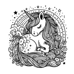 A black and white of a unicorn coloring page design colours graphic.
