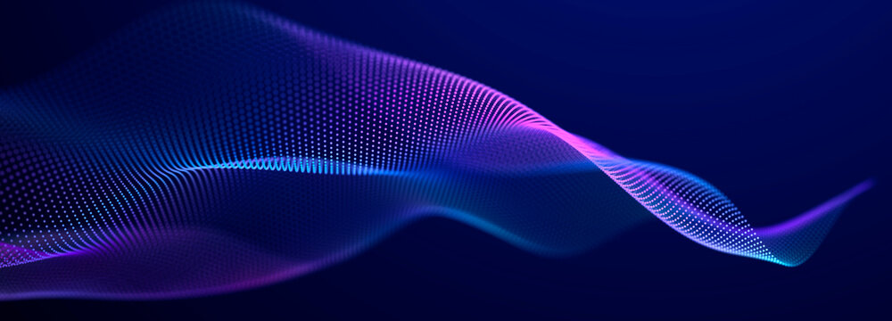 Particle stream. Purple background with many glowing particles. Information technology background. 3d rendering.