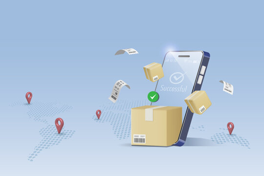Online shopping and delivery with guaranteed product. Shipping carton box on smartphone delivery map. Product distribution and consumer right protection. 3D vector