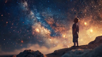 Obraz premium Young boy kid astronomer at a night of stargazing.&nbsp;He gazes galaxies and constellations,&nbsp;expanding his understanding of the cosmos