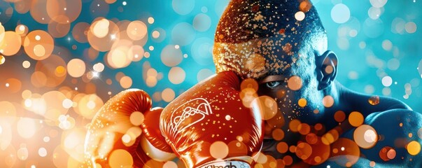 Close-up of a boxer's face with bokeh lights.