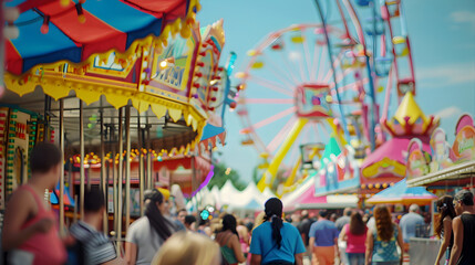A vibrant carnival scene with rides and games.


