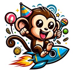 A cartoon monkey design colours drawing graphic riding a rocket vector engaging.