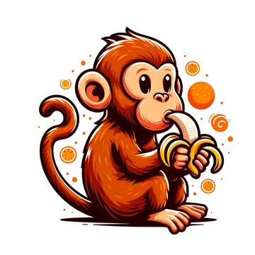 A cartoon monkey design colours graphic eating a banana Art.