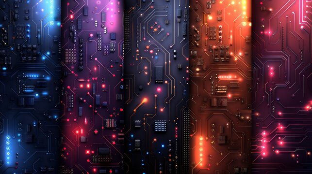 Seamless cyber patterns and circuit board textures. Collection of digital high-tech vector backgrounds.