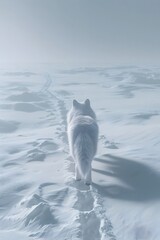 Fototapeta premium Lone Wolf Trekking Through a Snow-Swept Landscape,Paws Leaving Tracks in the Pristine White