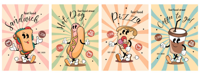 Fototapeta premium street food poster set with funny hot dog, sandwich, pizza and coffee characters 
