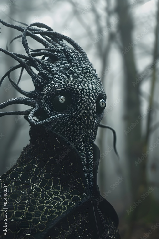 Poster Nightmarish Creature with Piercing Eyes in Gloomy Woodland Cinematic Portrait