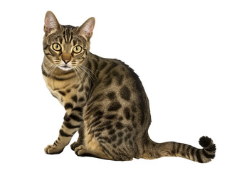 Full body shot of American Polydactyl cat, sitting,  looking around curiously.