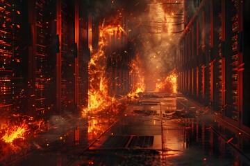 Fototapeta premium Rows of Blazing Server Racks in an Industrial Catastrophe Amid Electrical Sparks and Ominous Haze