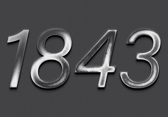 Chrome metal 3D number design of 1843 on grey background.