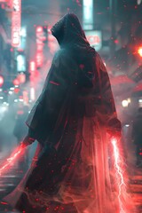 Stylized Demoniac Shadow Assassin Wielding Ethereal Smoky Daggers in Moody Neon-Tinged Cityscape