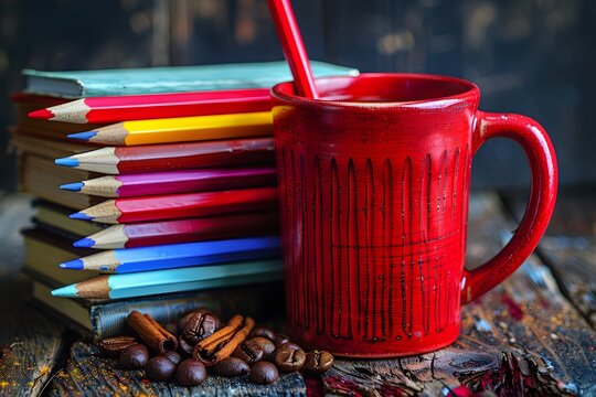 Colorful Pencils and Red Mug with Coffee Beans and Cinnamon - Artistic Inspiration and Creative Workspace - Powered by Adobe