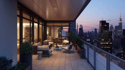 Fototapeta premium minimalist balcony with streamlined outdoor furniture, simple planters, and a stunning view of the urban skyline for evening relaxation